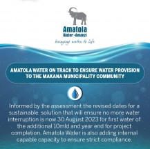 AMATOLA WATER ON TRACK TO ENSURE WATER PROVISION TO THE MAKANA MUNICIPALITY COMMUNITY